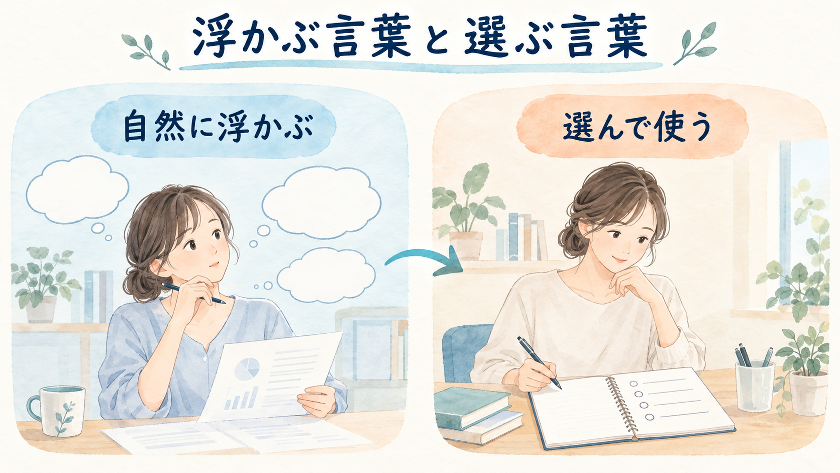 自然に浮かぶ言葉と意図して使う言葉を並べる図