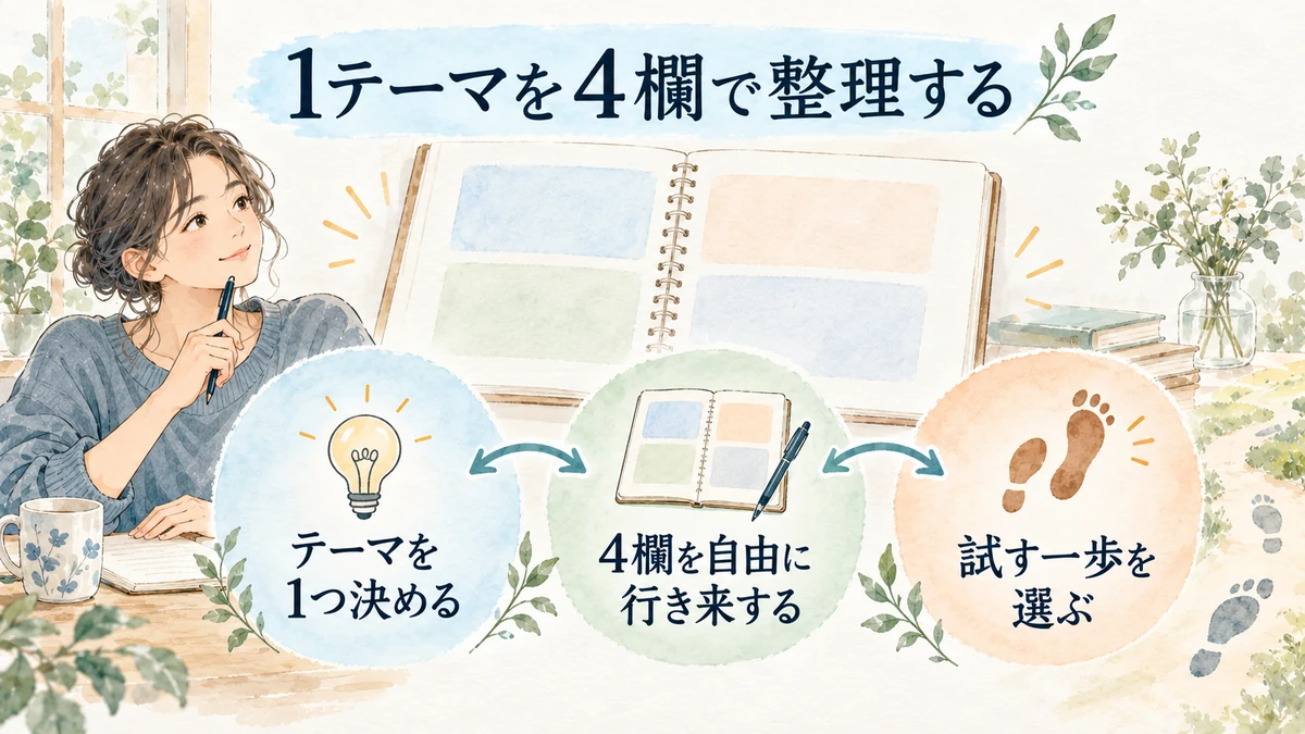 1つのテーマをGROWの4欄で整理して次の一歩を選ぶ流れ