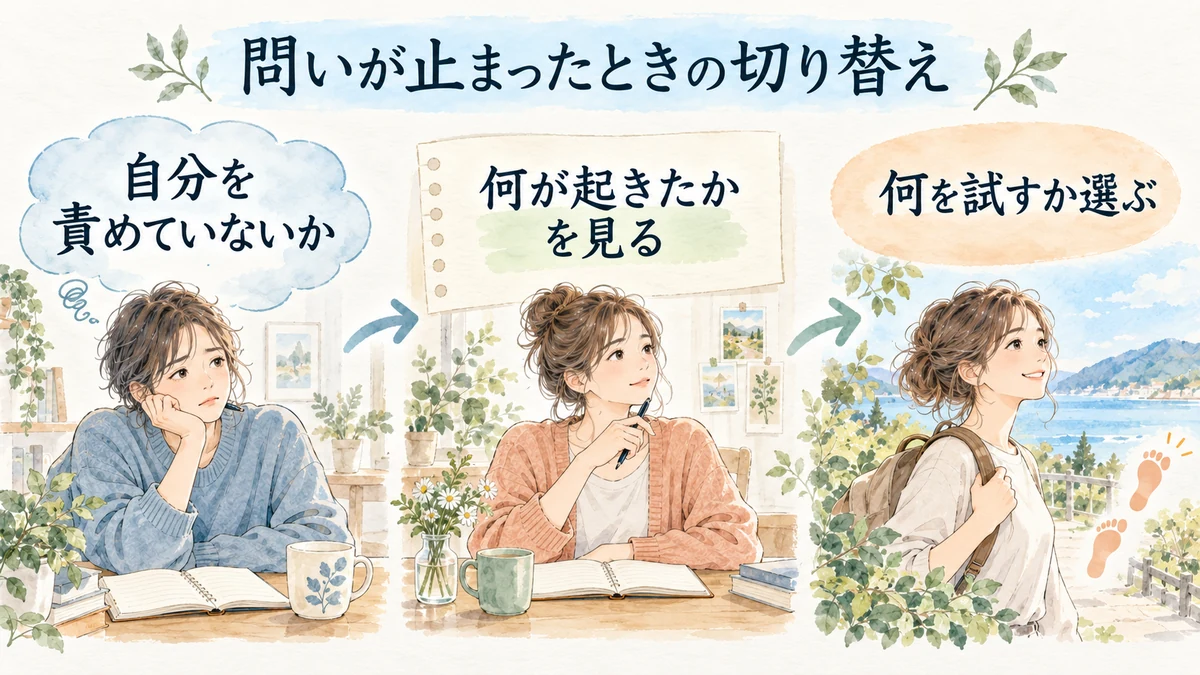 自責で止まる問いを事実と次の行動へ切り替える図