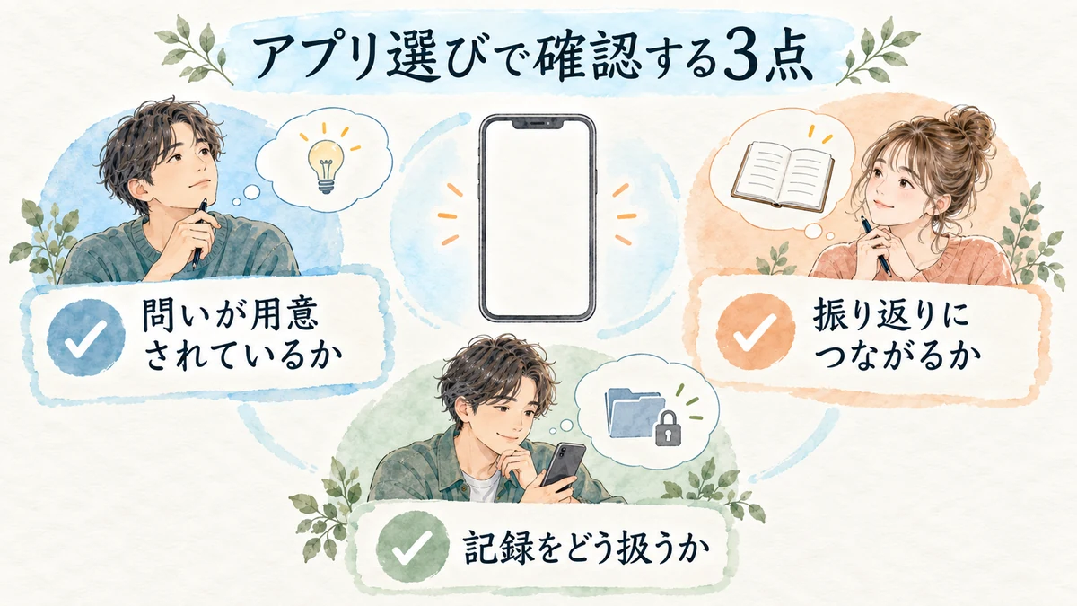 セルフコーチングアプリで問いと振り返りと記録の扱いを確認する図