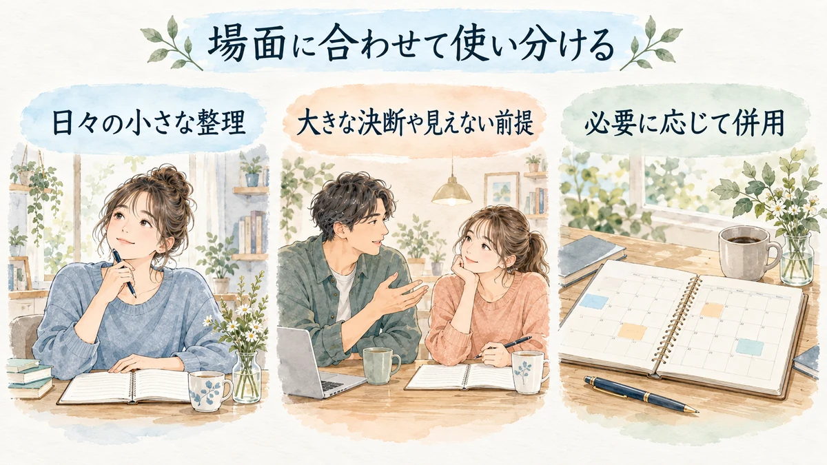 セルフコーチングとコーチとの対話を場面に応じて併用する図