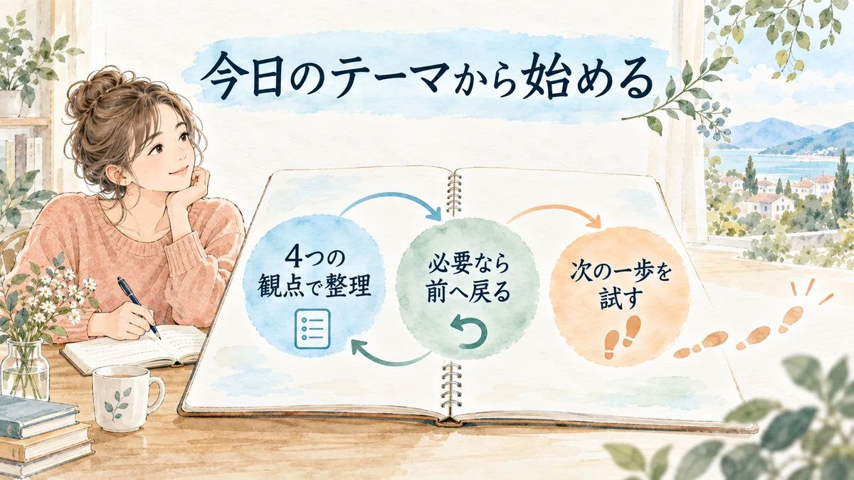 GROWの4つの観点を行き来して次の一歩を試す図