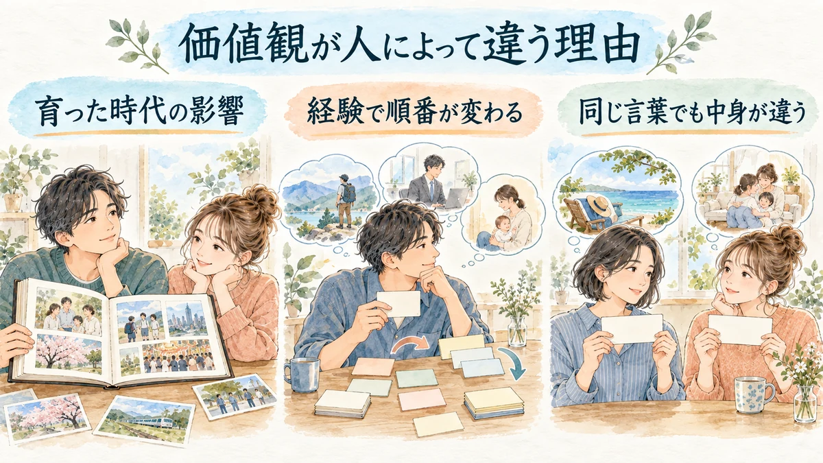 育った時代の影響、経験で変わる優先順位、同じ言葉でも異なる意味を示した価値観の図
