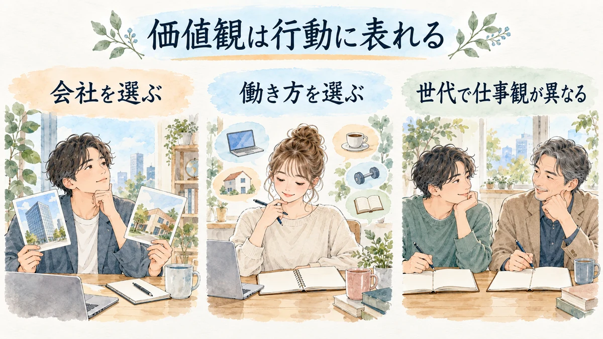 会社や働き方を選ぶ行動と世代による仕事観の違いに表れる価値観の図