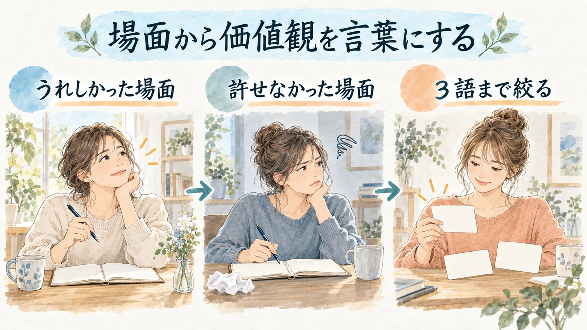 うれしかった場面と許せなかった場面から価値観を言葉にし、3語まで絞る図