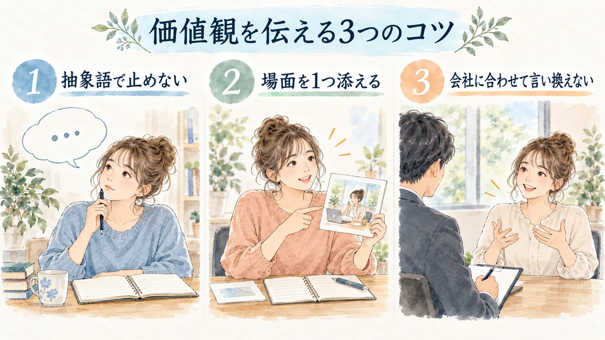 抽象語で止めず場面を1つ添え、会社に合わせて言い換えずに価値観を伝える図