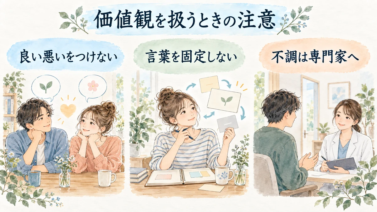 価値観に良い悪いをつけず言葉を固定せず、不調は専門家へ相談する図