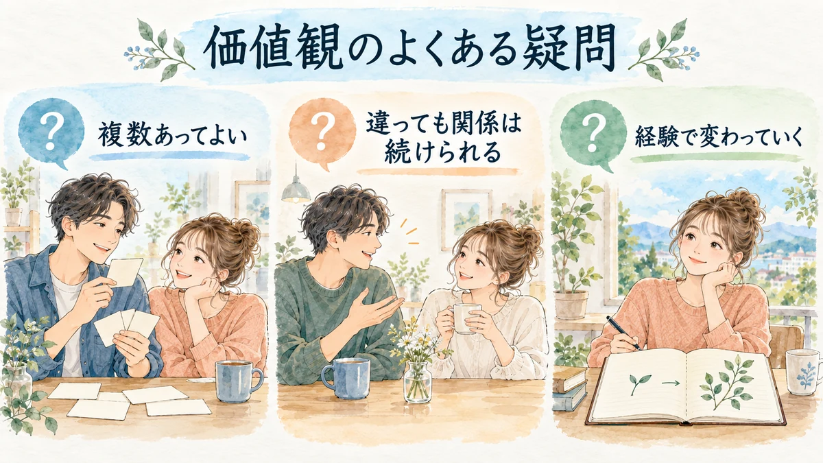 価値観は複数あってよく、違いがあっても関係を続けられ、経験で変わっていくことを示す図