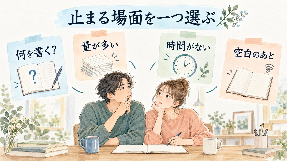 書く内容、量、時間、空白後の4つから止まる場面を探す