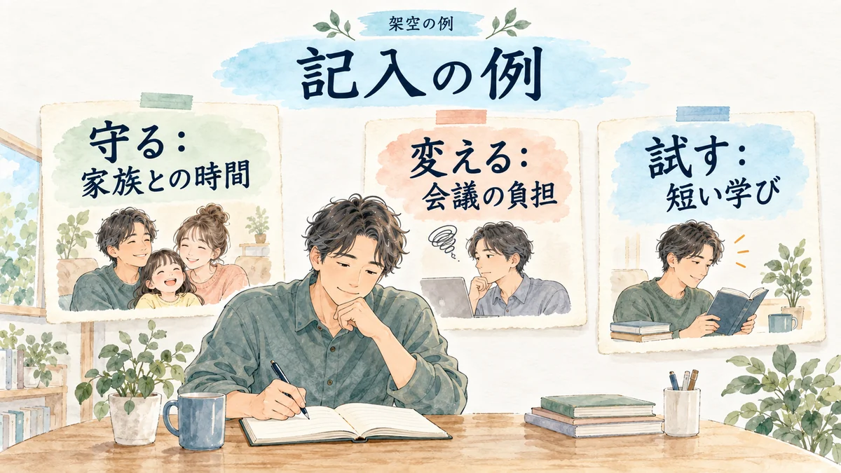 架空の会社員が家族との時間、会議の負担、短い学びを整理する例