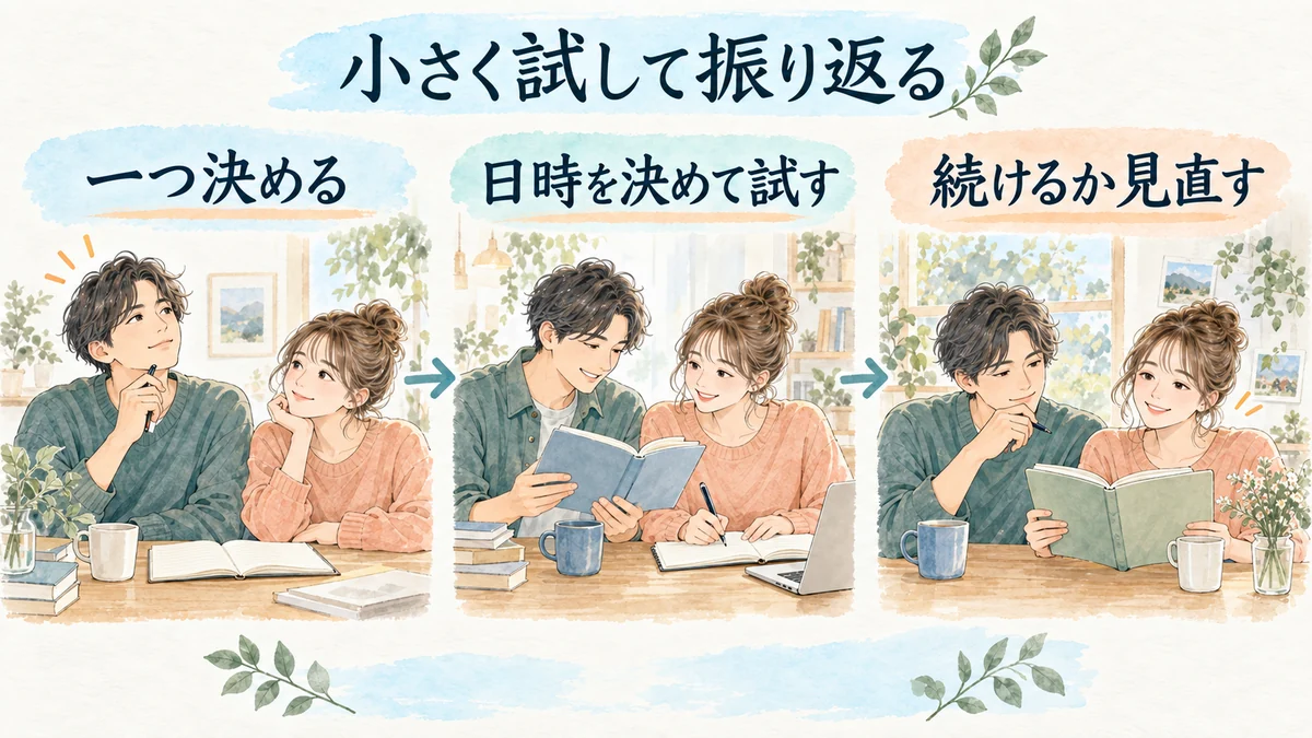 一つ決め、日時を決めて試し、継続するか振り返る流れ