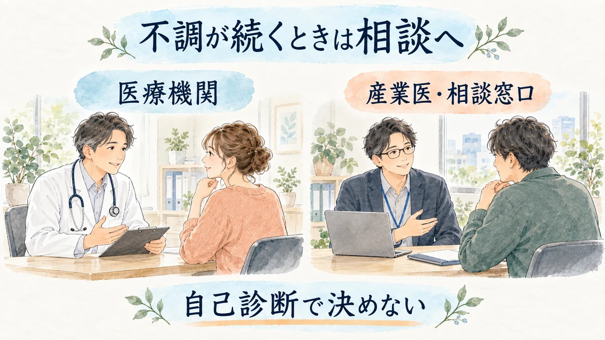 不調が続くときは医療機関や産業医などへ相談する