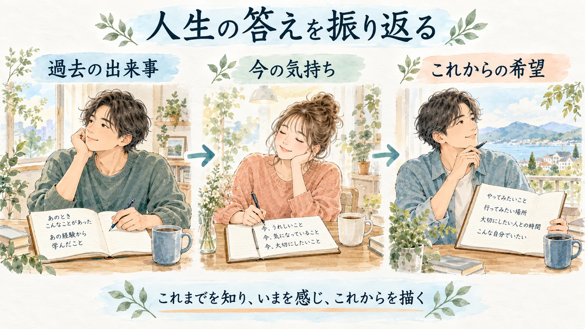 過去の出来事、今の気持ち、これからの希望を分けて振り返る