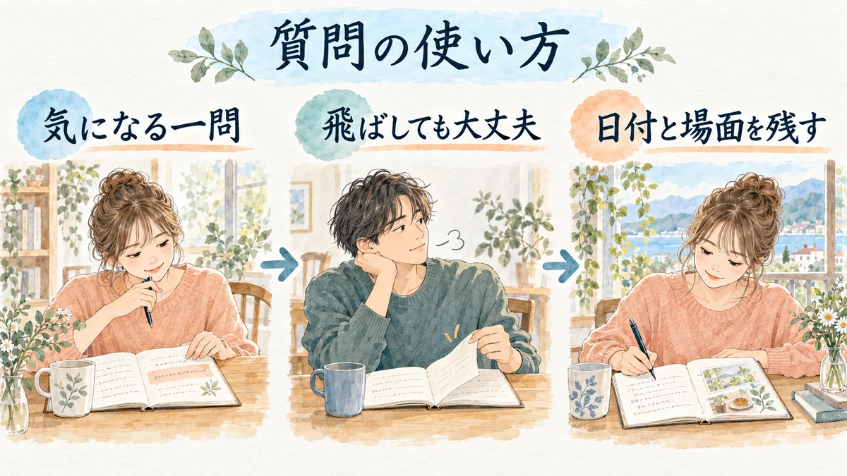 気になる一問を選び、答えたくない問いを飛ばし、日付と場面を添える流れ