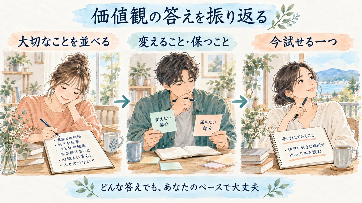 大切なことを並べ、変えたいことと保ちたいことを分け、今試せる一つを考える