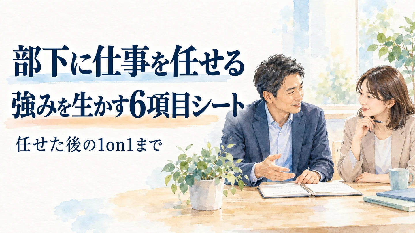 ノートを見ながら仕事の任せ方を相談する上司と部下の水彩イラスト