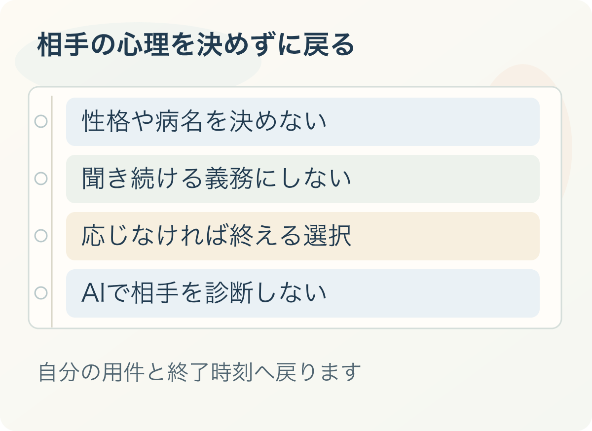 相手の心理を決めずに戻る:性格や病名を決めない、聞き続ける義務にしない、応じなければ終える選択、AIで相手を診断しない